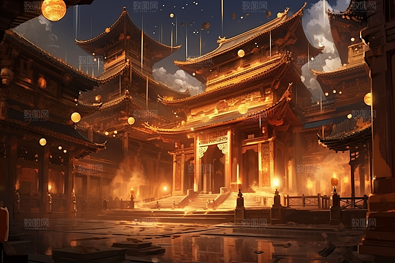金色神话建筑中国传统风格古风原画
