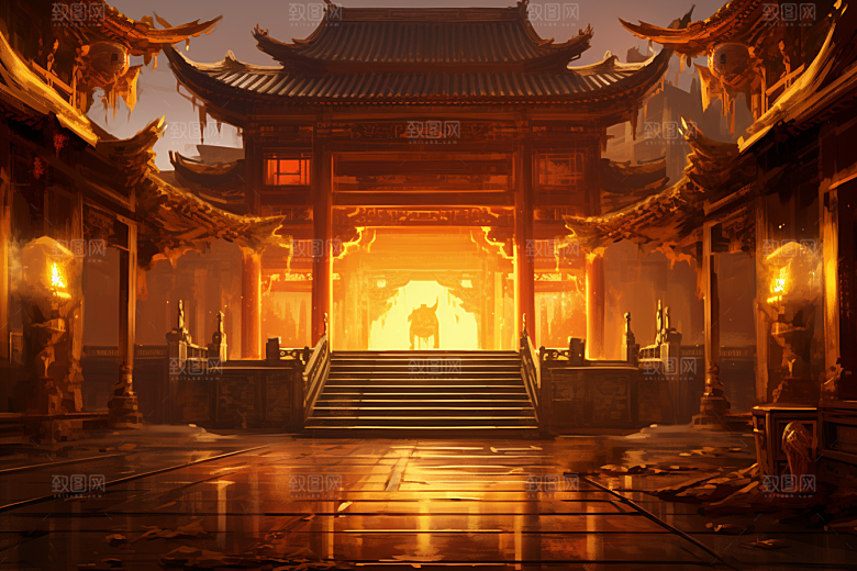 金色神话建筑神仙洞府古风原画