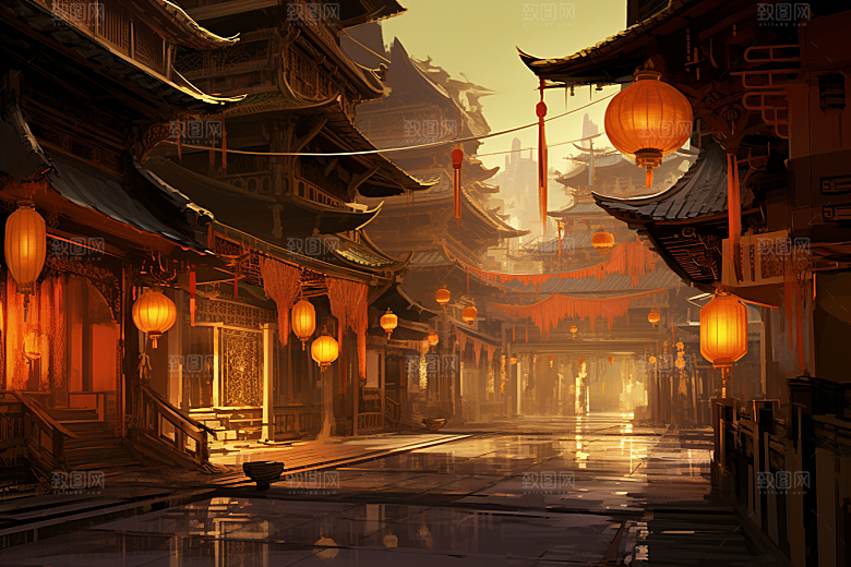金色神话建筑中国传统风格梦幻原画