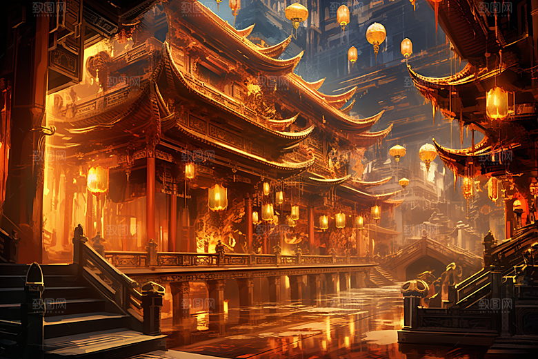 金色神话建筑梦幻中国传统风格原画
