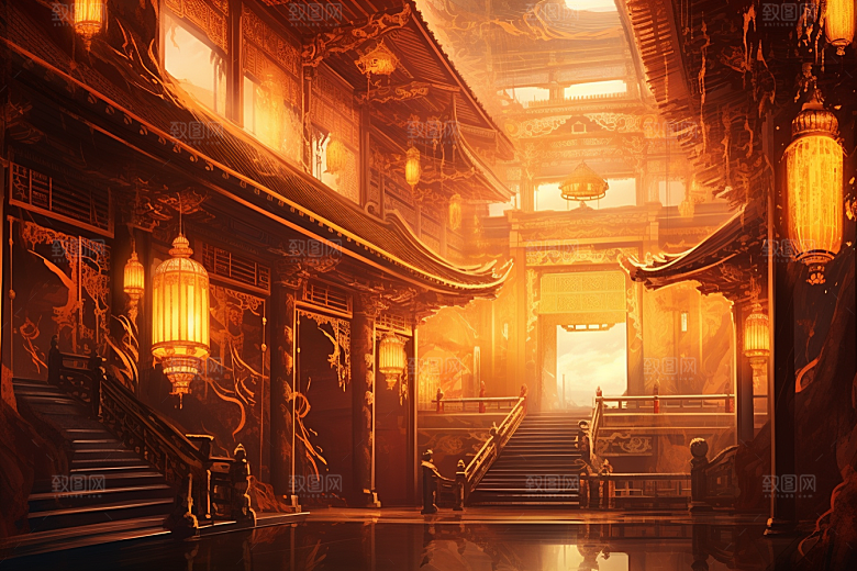 金色神话建筑古风梦幻原画