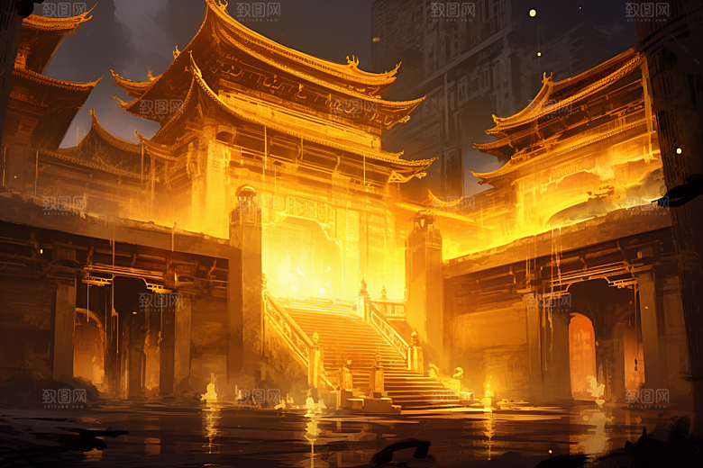 金色神话建筑古风国潮原画