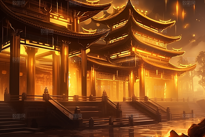 金色神话建筑古风神仙洞府原画