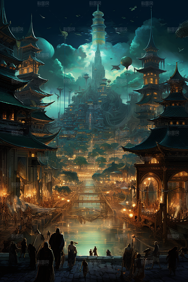 金色神话建筑中国传统风格国潮原画