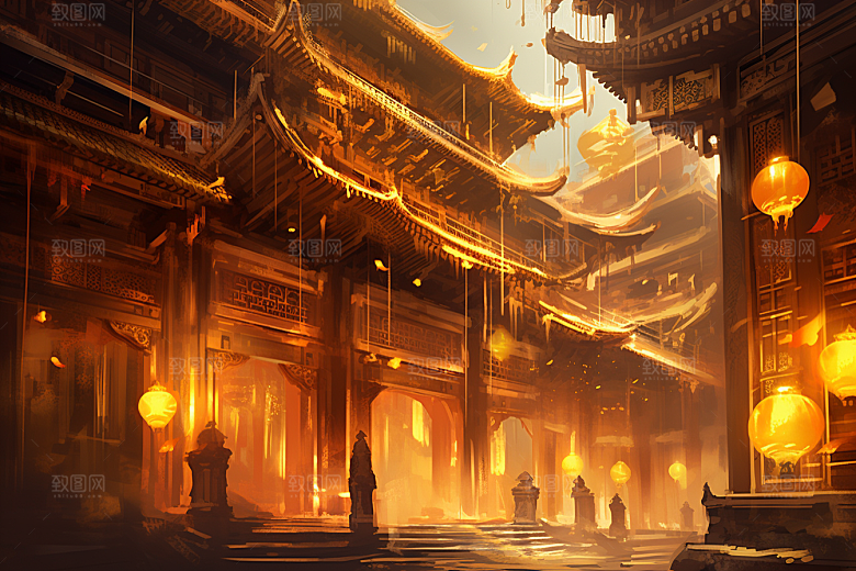金色神话建筑梦幻中国传统风格原画