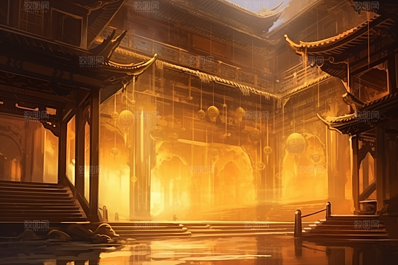金色神话建筑中国传统风格国潮原画
