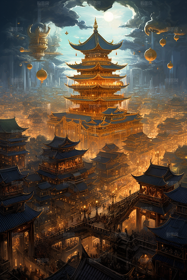 金色神话建筑神仙洞府国潮原画