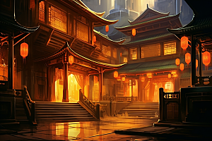 金色神话建筑中国传统风格古风原画