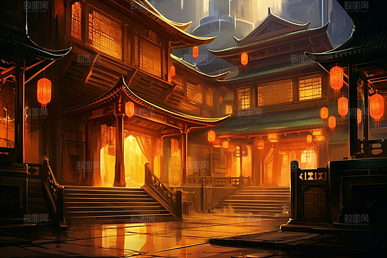金色神话建筑中国传统风格古风原画