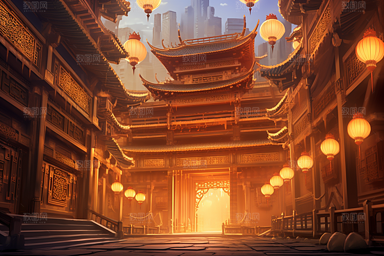金色神话建筑国潮中国传统风格原画