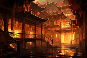 金色神话建筑国潮中国传统风格原画