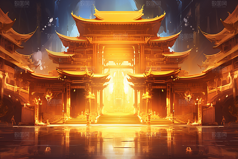 金色神话建筑梦幻中国传统风格原画