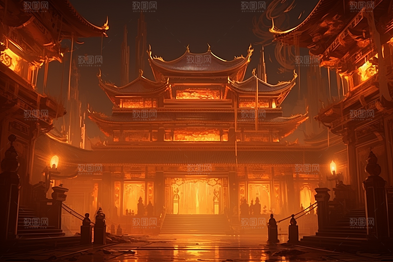 金色神话建筑古风游戏原画