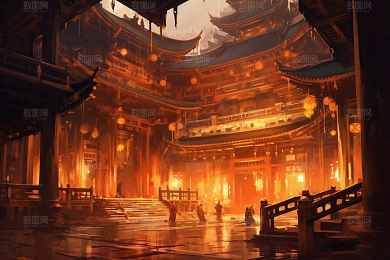 金色神话建筑中国传统风格古风原画
