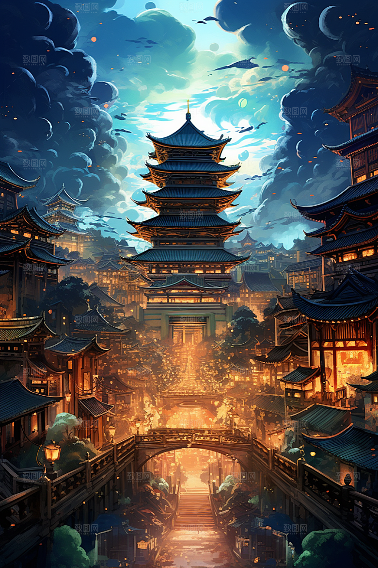 金色神话建筑高清国潮原画