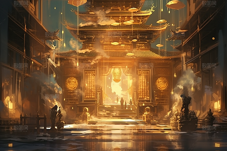 金色神话建筑中国传统风格梦幻原画