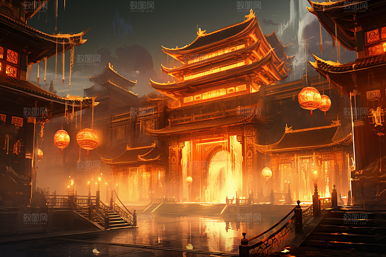 金色神话建筑天宫神仙洞府原画