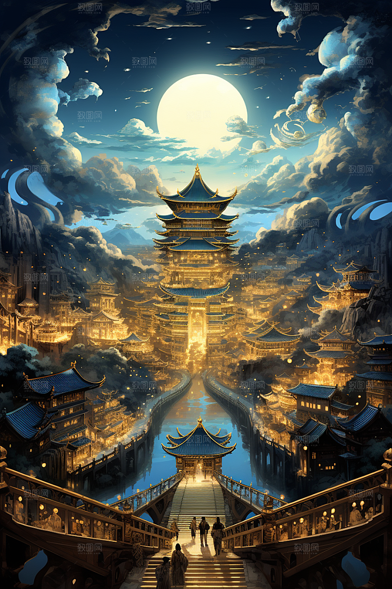 金色神话建筑神仙洞府国潮原画