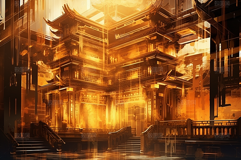 金色神话建筑古风神仙洞府原画