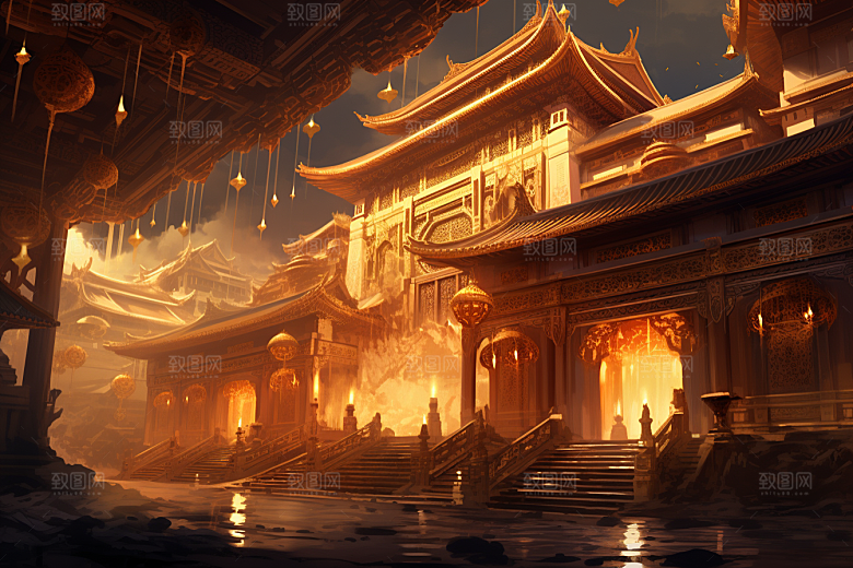 金色神话建筑天宫中国传统风格原画