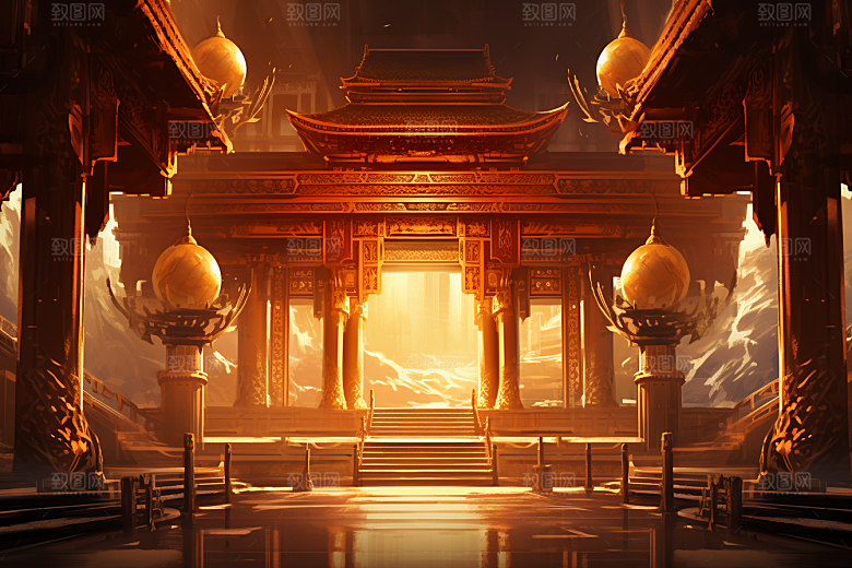 金色神话建筑中国传统风格国潮原画