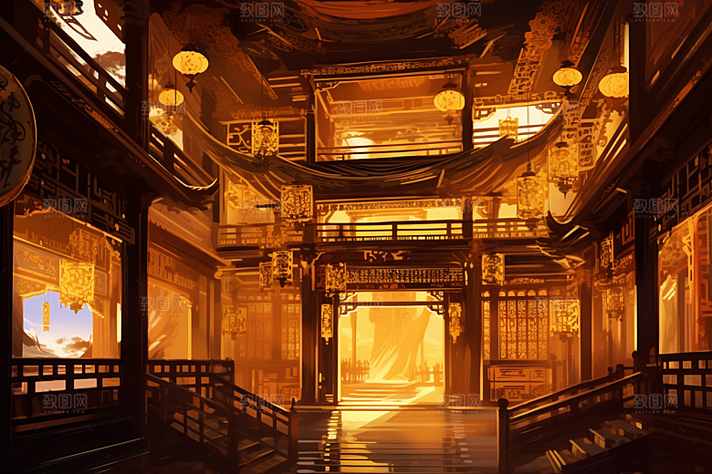 金色神话建筑古风国潮原画