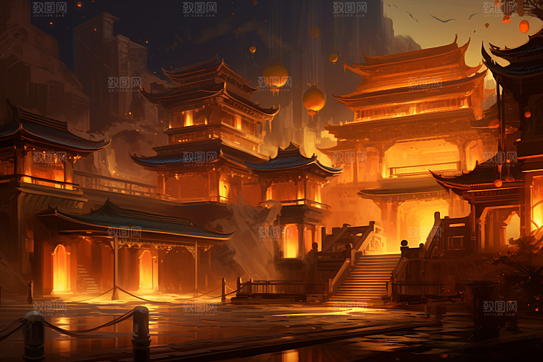 金色神话建筑天宫古风原画