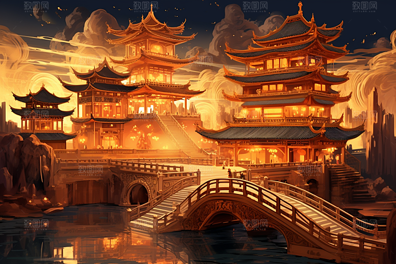 金色神话建筑游戏梦幻原画