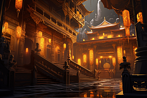 金色神话建筑古风神仙洞府原画