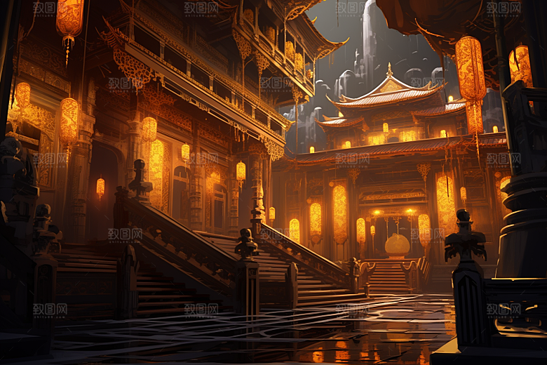 金色神话建筑古风神仙洞府原画