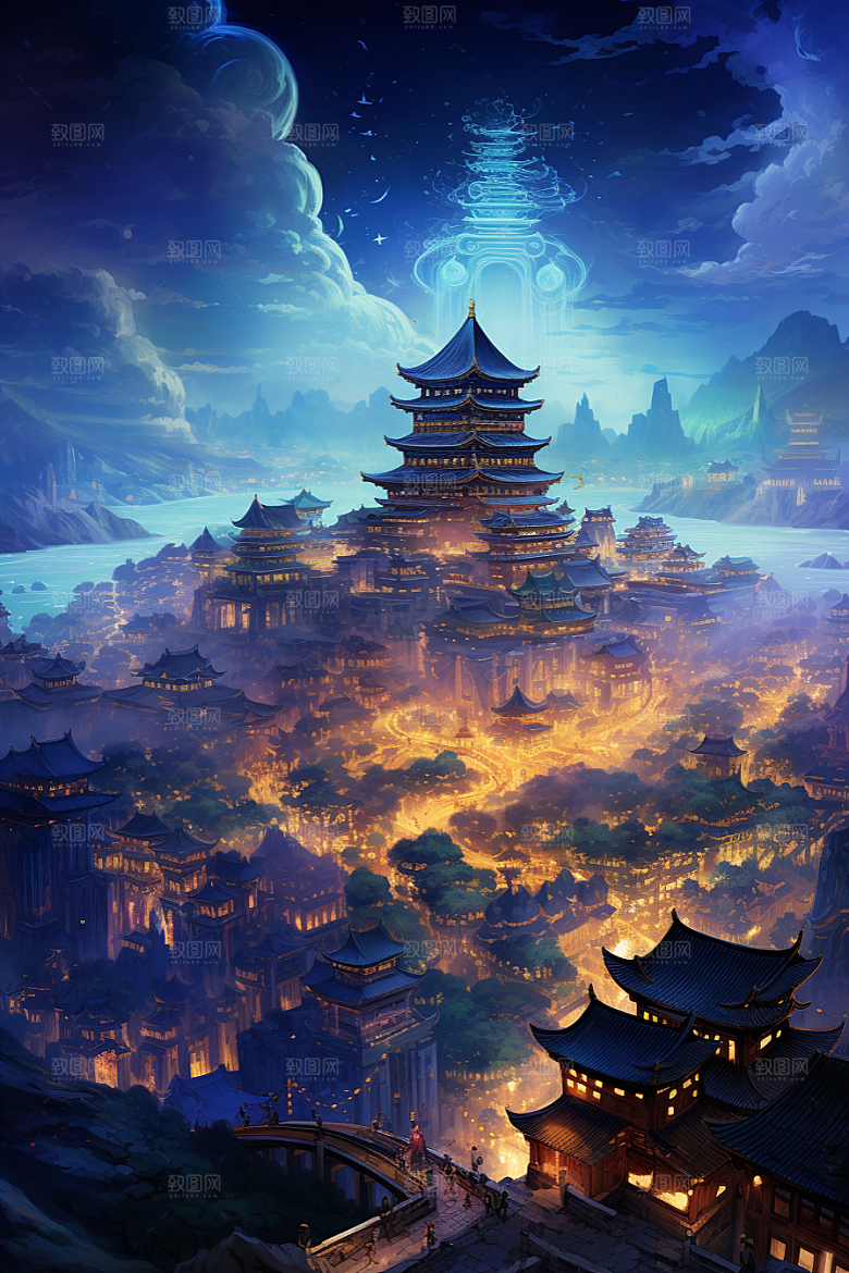 金色神话建筑神仙洞府中国传统风格原画