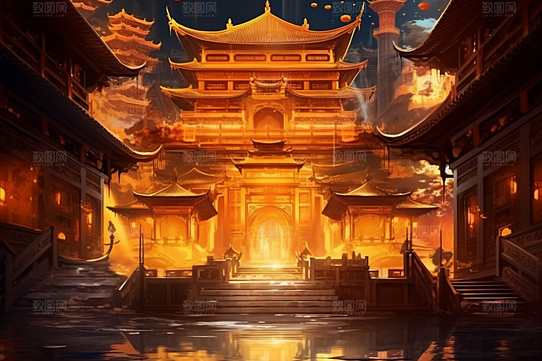 金色神话建筑神仙洞府中国传统风格原画