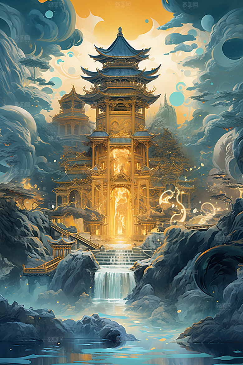 金色神话建筑梦幻国潮原画