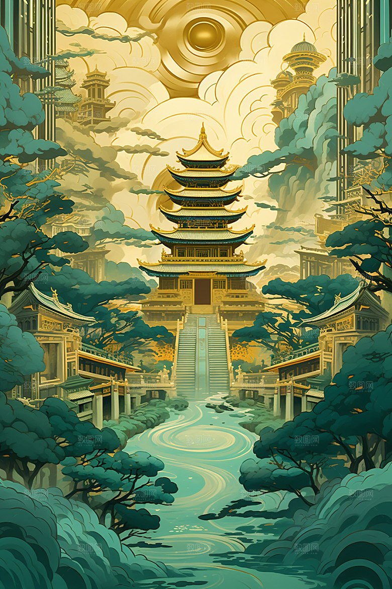 金色神话建筑中国传统风格梦幻原画