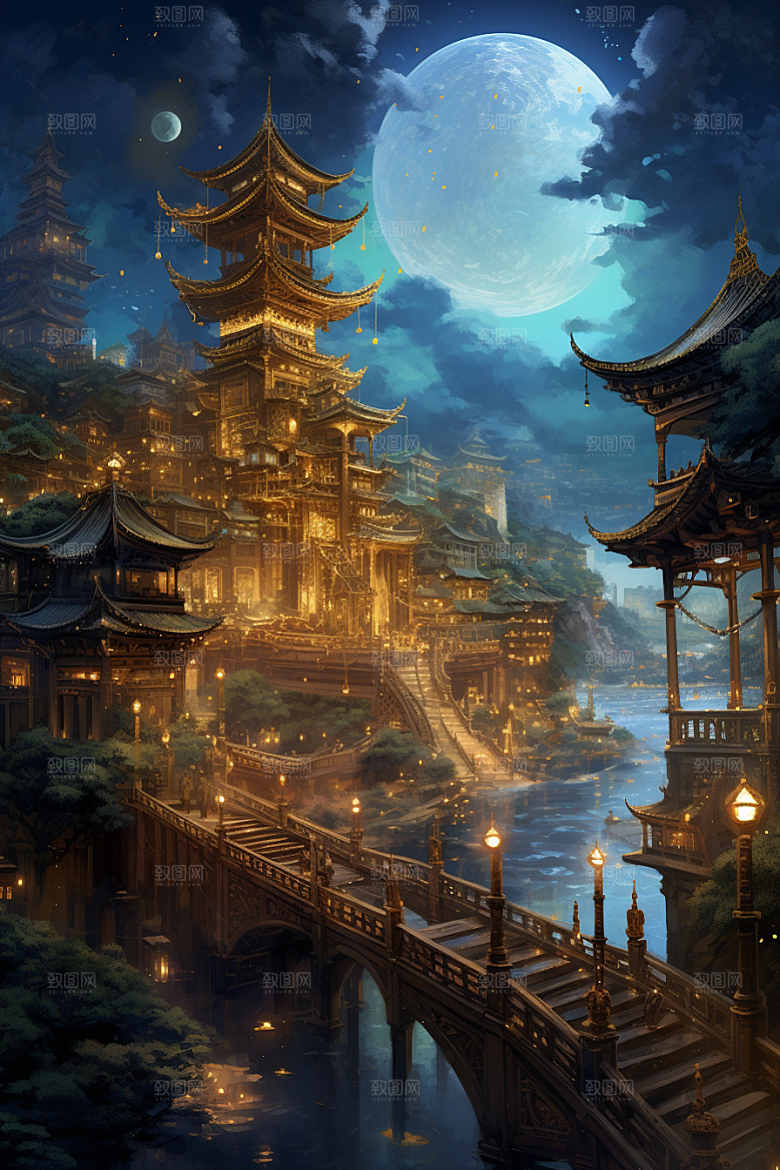 金色神话建筑国潮梦幻原画