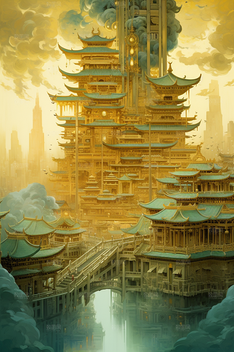 金色神话建筑中国传统风格梦幻原画