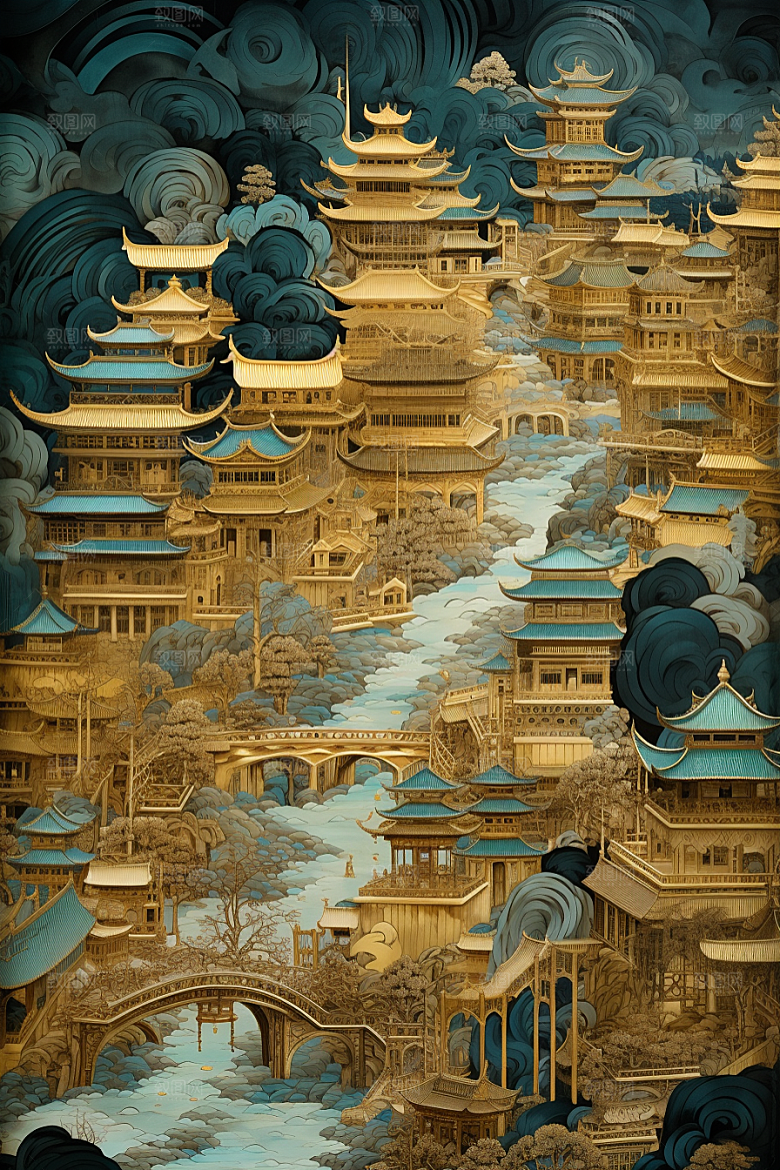 金色神话建筑古风神仙洞府原画
