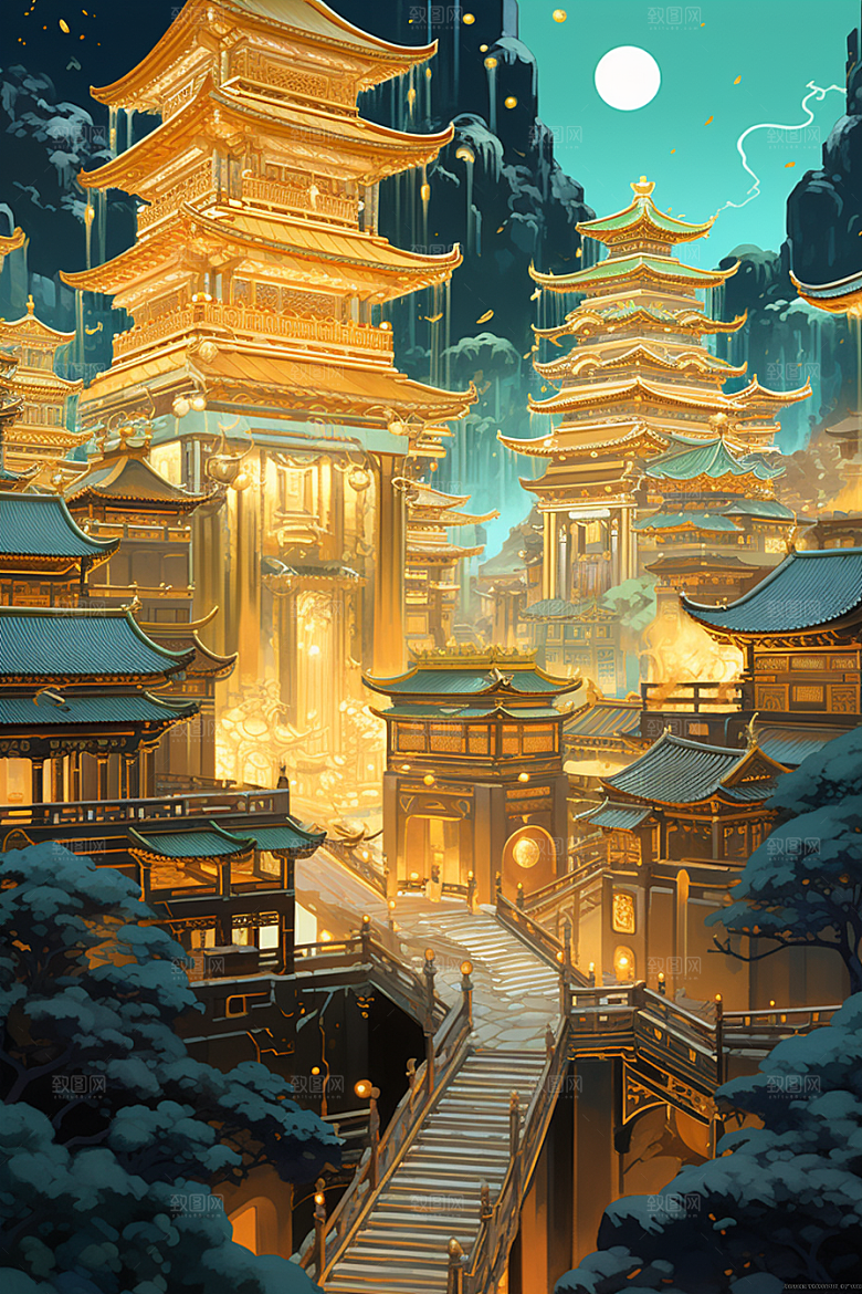 金色神话建筑高清中国传统风格原画