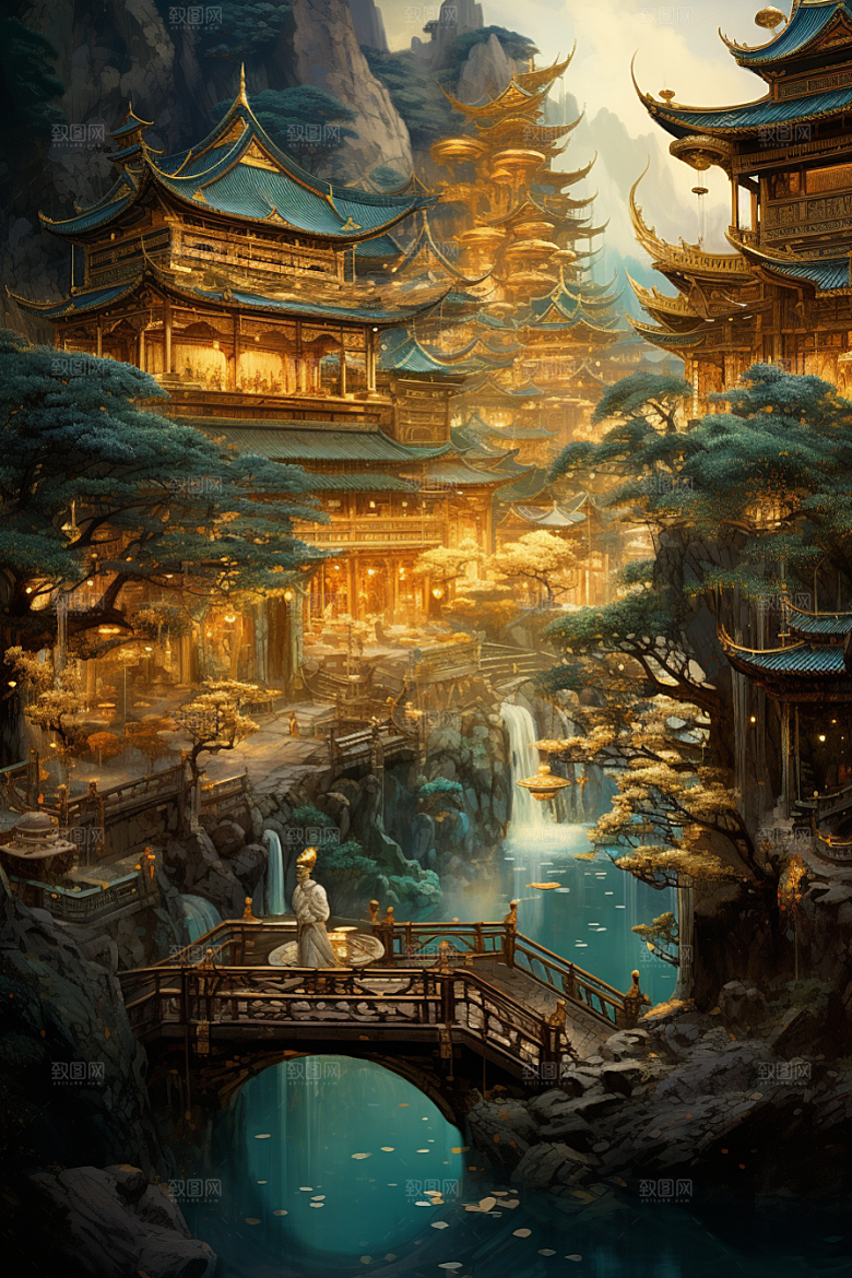 金色神话建筑中国传统风格神仙洞府原画
