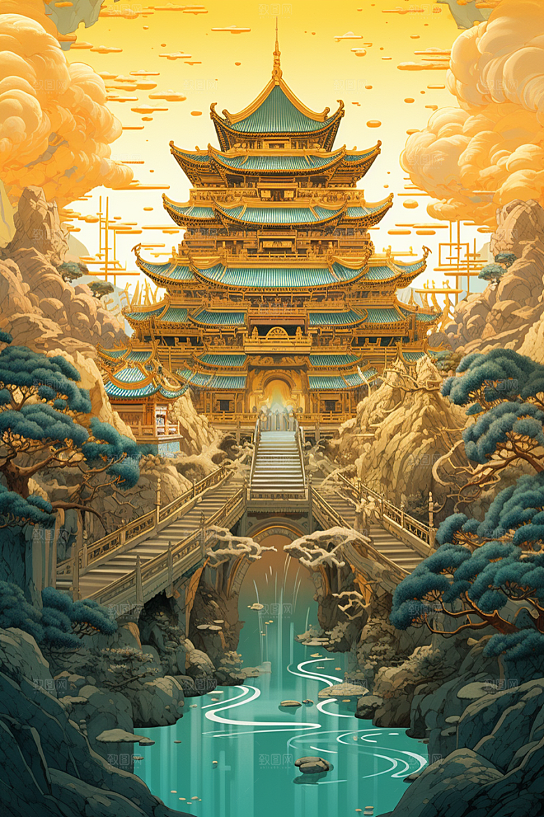 金色神话建筑古风高清原画