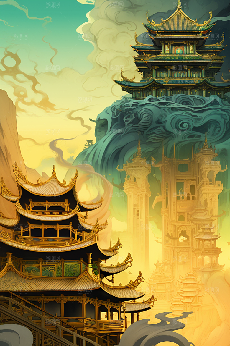 金色神话建筑国潮中国传统风格原画