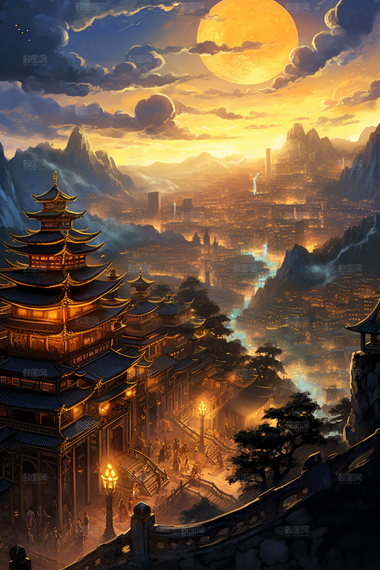 金色神话建筑古风中国传统风格原画