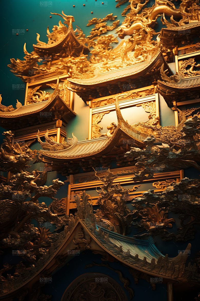 金色神话建筑神仙洞府中国传统风格原画