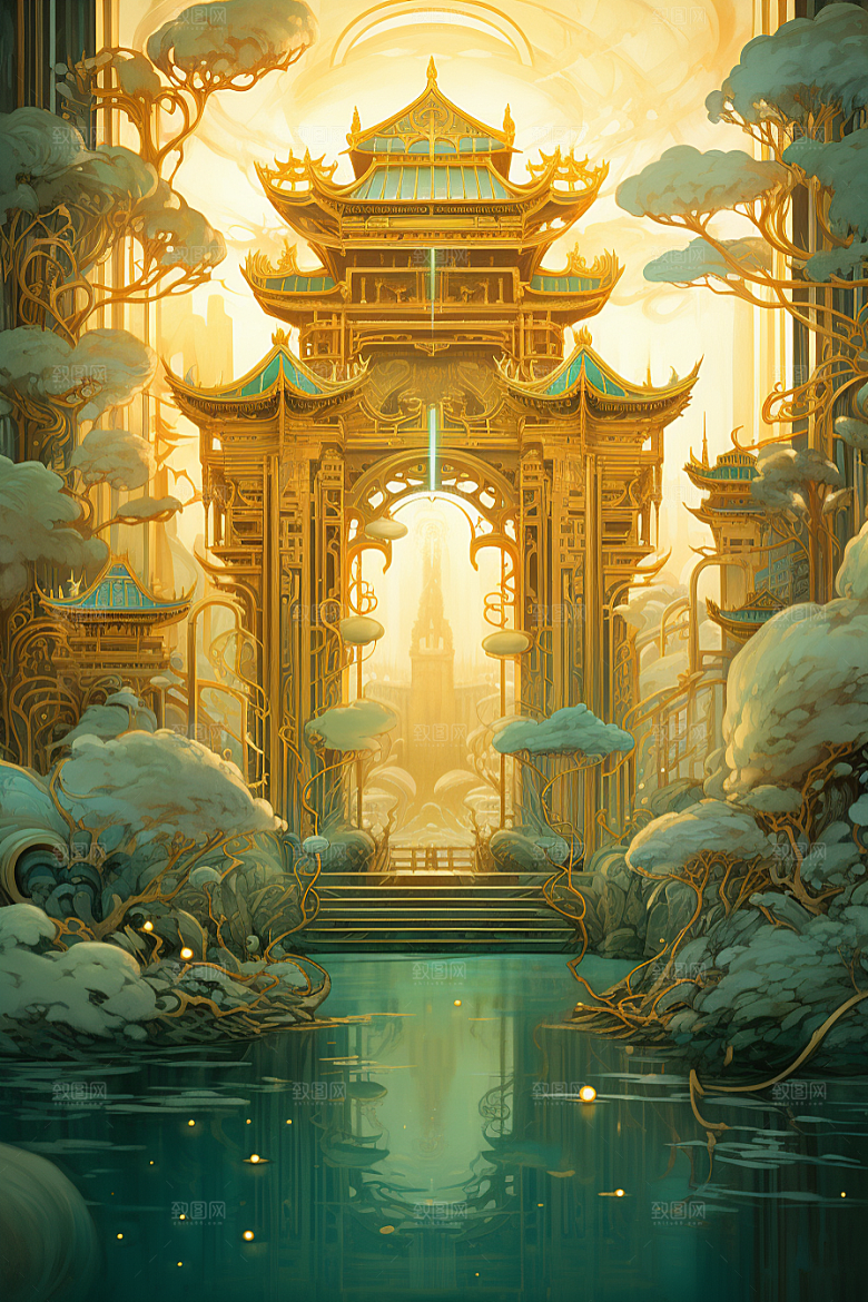 金色神话建筑游戏梦幻原画