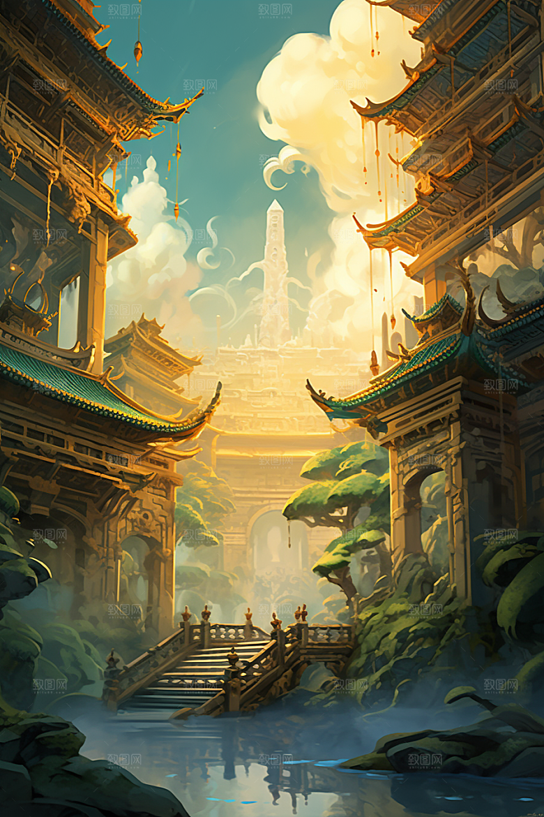 金色神话建筑高清神仙洞府原画