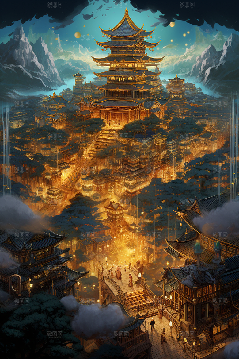 金色神话建筑中国传统风格梦幻原画