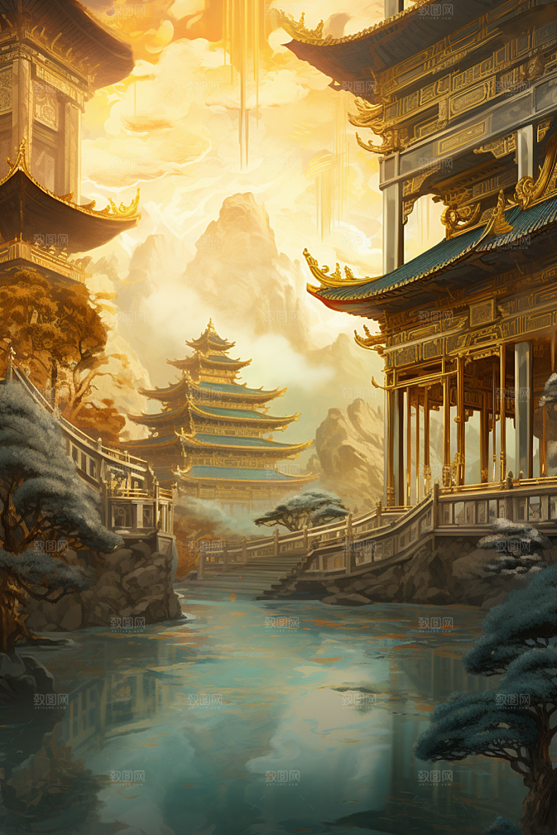 金色神话建筑神仙洞府国潮原画