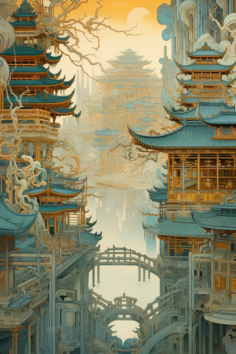 金色神话建筑古风国潮原画
