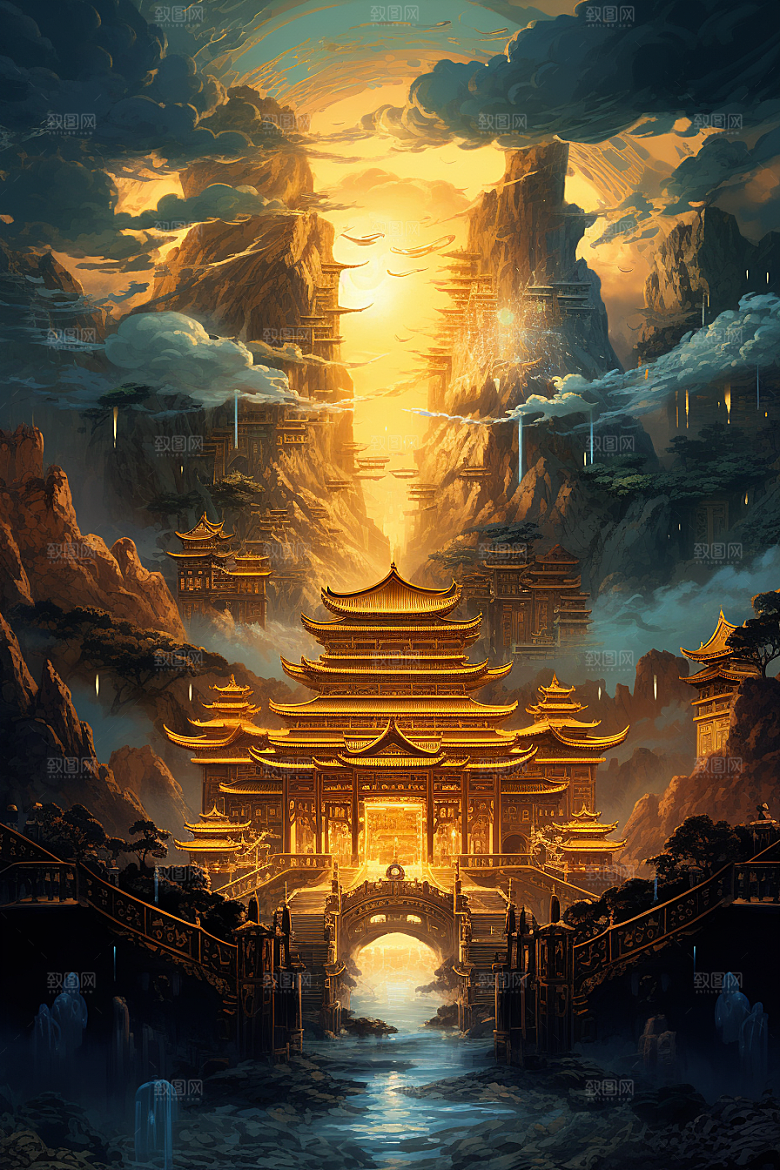金色神话建筑古风中国传统风格原画