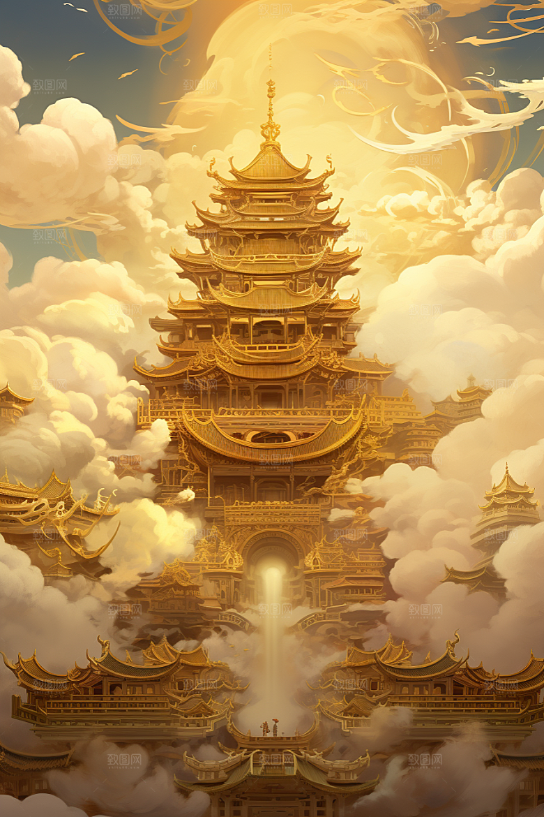 金色神话建筑中国传统风格国潮原画
